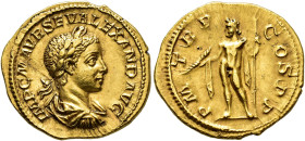 IMPERIO ROMANO. ALEJANDRO SEVERO. Roma. Áureo (222). A/ Busto laureado, drapeado y acorazado a der.; IMP C M AVR SEV ALEXAND AVG. R/ Júpiter a izq. co...