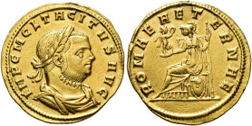IMPERIO ROMANO. TÁCITO. Roma. Áureo (275-276). A/ Busto laureado, drapeado y acorazado a der.; IMP C M CL TACITVS AVG. R/ Roma sentada sobre escudo a ...