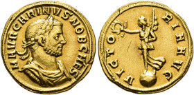 IMPERIO ROMANO. CARINO. Siscia. Áureo (282-283). A/ Busto laureado y acorazado a der.; M AVR CARINVS NOB CAES. R/ Victoria sobre globo a izq. con coro...