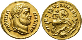 IMPERIO ROMANO. MAXIMIANO. Cyzicus. Áureo (294-295). A/ Cabeza laureada a der.; MAXIMIANVS AVG. R/ El emperador a caballo alanceando enemigos a sus pi...