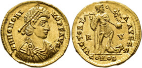 IMPERIO ROMANO. HONORIO. Ravenna. Sólido (408-423). A/ Busto diademado de perlas, drapeado y acorazado a der.; D N HONORIVS P F AVG. R/ El emperador e...