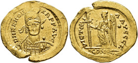 IMPERIO ROMANO. ZENÓN. Roma. Sólido (476-491). A/ Busto frontal con coraza, casco, lanza y escudo; D N ZENO PER P F AVG. R/ Victoria a izq. con cruz, ...