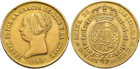 ISABEL II. Doblón de 100 reales. 1850. Madrid. CL. AU 8,13 g. 21,7 mm. VI-626; AC-757. Dos golpecitos en gráfila. MBC/MBC+.