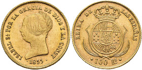 ISABEL II. 100 reales. 1855. Barcelona. AU 8,36 g. 21,8 mm. VI-631; AC-763. R.B.O. EBC-.