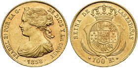 ISABEL II. 100 reales. 1858. Barcelona. AU 8,38 g. 21,8 mm. VI-634; AC-769. B.O. EBC. Escasa.