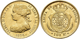 ISABEL II. 100 reales. 1858. Madrid. AU 8,43 g. 21,8 mm. VI-645; AC-785. B.O. EBC-.