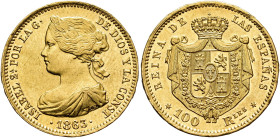 ISABEL II. 100 reales. 1863. Madrid. AU 8,39 g. 22,2 mm. VI-650; AC-790. B.O. EBC+.