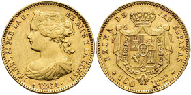 ISABEL II. 100 reales. 1864. Madrid. AU 8,33 g. 22 mm. VI-651; AC-792. MBC+.