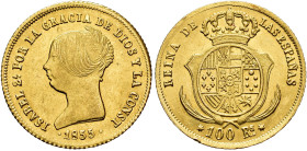 ISABEL II. 100 reales. 1855. Sevilla. AU 8,38 g. 21,8 mm. VI-655; AC-796. R.B.O. EBC-.