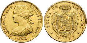 ISABEL II. 10 escudos. 1865. Madrid. AU 8,39 g. 22 mm. VI-665; AC-810. Golpecitos en gráfila. EBC-. Escasa.