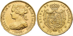 ISABEL II. 10 escudos. 1868*18-73. Madrid. AU 8,38 g. 22,2 mm. VI-669; AC-41. EBC.