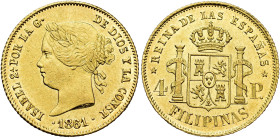 ISABEL II. 4 pesos. 1861. Manila. AU 6,76 g. 21,1 mm. VI-686; AC-852. B.O. EBC+.