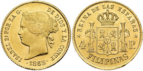 ISABEL II. 4 pesos. 1868. Manila. AU 6,8 g. 21 mm. VI-693; AC-865. B.O. EBC/EBC+.
