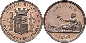 GOBIERNO PROVISIONAL. Medalla. 1868. Grabador: L. M. (Luis Marchioni). En estuche. AE 24,81 g. 37 mm. Vives-824. B.O. SC.