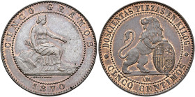 GOBIERNO PROVISIONAL. 5 céntimos. 1870. Barcelona. OM. CU 5,23 g. 25,1 mm. VI-3; AC-4. R.B.O. EBC+.