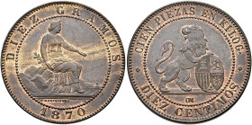 GOBIERNO PROVISIONAL. 10 céntimos. 1870. Barcelona. OM. CU 10,02 g. 30,1 mm. VI-6; AC-8. R.B.O. EBC.