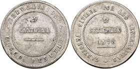 REVOLUCIÓN CANTONAL. 5 pesetas. 1873. Cartagena. Coincidente sobre eje horizontal. AR 26,72 g. 37,2 mm. VII-29; AC-7. Golpe en canto. MBC.