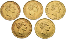 ALFONSO XII. Lote de 5 monedas de 25 ptas., de 1876 a 1879, diferentes. MBC/EBC.