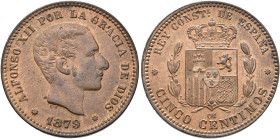 ALFONSO XII. 5 céntimos. 1879. Barcelona. OM. CU 5,02 g. 25,1 mm. VII-44; AC-6 B.O. EBC+.