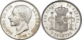 ALFONSO XII. 5 pesetas. 1882*18-82. Madrid. MSM. AR 25,11 g. 37,5 mm. VII-88; AC-51. SC.