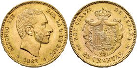 ALFONSO XII. 25 pesetas. 1882*18-82. Madrid. MSM. AU 8,08 g. 23,9 mm. VII-111; AC-85. Pequeñas marcas. B.O. SC.