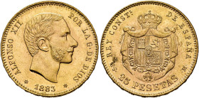ALFONSO XII. 25 pesetas. 1883*18-83. Madrid. MSM. AU 8,06 g. 23,9 mm. VII-112; AC-87. B.O. SC.