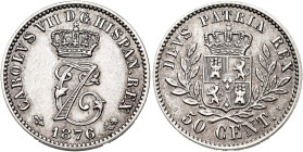 CARLOS VII. 50 céntimos. 1876. Bruselas. AR 2,5 g. 18 mm. VII-120; AC-9. SC. Rara.
