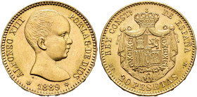 ALFONSO XIII. 20 pesetas. 1889*18-89. Madrid. MPM. AU 6,45 g. 21,1 mm. VII-194; AC-113. B.O. SC.