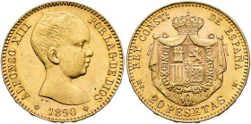 ALFONSO XIII. 20 pesetas. 1890*18-90. Madrid. MPM. AU 6,44 g. 21 mm. VII-195; AC-114. EBC+.