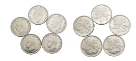 JUAN CARLOS I. Lote de 5 monedas de 5 pts. 1975*80 ERROR. VII-456; AC-40. EBC/SC.