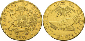 MONEDA EXTRANJERA. CHILE. 8 escudos. 1838. IJ. AU 26,86 g. 36,1 mm. KM-93. Finas rayitas. MBC.