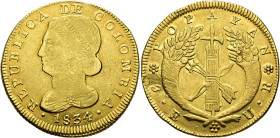 MONEDA EXTRANJERA. COLOMBIA. 8 escudos. 1834. Popayán. UR. AU 26,91 g. 36 mm. KM-82.2. Hoja en anv. y pequeñas marcas y golpe en canto. R.B.O. MBC-/MB...