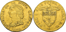 MONEDA EXTRANJERA. COLOMBIA. 16 pesos. 1838. Popayán. RU. AU 26,88 g. 36,6 mm. KM-94.2. Hojitas en anv., rayas en rev. y golpes en gráfila. MBC.