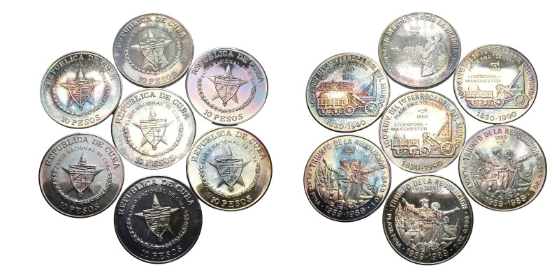 MONEDA EXTRANJERA. CUBA. Lote de 7 piezas: 10 pesos 1987, marcha hacia la victor...