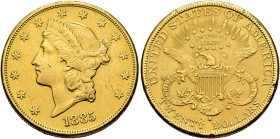 MONEDA EXTRANJERA. ESTADOS UNIDOS DE AMÉRICA. 20 dólares. 1885. S. AU 33,39 g. 34,5 mm. KM-74.3. Dos rayas en anv. y golpecitos en gráfila. Limpiada. ...