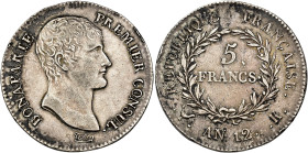 MONEDA EXTRANJERA. FRANCIA. Napoleón. 5 francos. L'An 12. Burdeos. AR 24,9 g. 37,9 mm. KM-659.8. Leves oxidaciones y pequeñas marcas. MBC+/MBC.