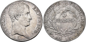 MONEDA EXTRANJERA. FRANCIA. Napoleón. 5 francos. L'An 13. París. AR 25 g. 37,2 mm. KM-662.1. Pequeñas marcas. EBC-.