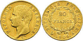 MONEDA EXTRANJERA. FRANCIA. Napoleón. 20 francos. 1806. París. A. AU 6,42 g. 21 mm. KM-674.1. MBC+.