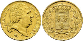 MONEDA EXTRANJERA. FRANCIA. Luis XVIII. 20 francos. 1822. Lille. W. AU 6,45 g. 21 mm. KM-712.9. R.B.O. EBC-.