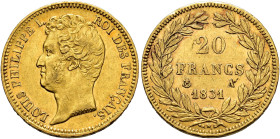 MONEDA EXTRANJERA. FRANCIA. Luis Felipe. 20 francos. 1831. París. A. AU 6,29 g. 21 mm. KM-746.1. MBC+.