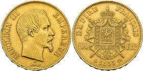 MONEDA EXTRANJERA. FRANCIA. Napoleón III. 100 francos. 1855. París. A. AU 32,25 g. 34,7 mm. KM-786.1. Golpes en canto. MBC+/EBC-.