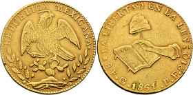 MONEDA EXTRANJERA. MÉXICO. 8 escudos. 1861. Guanajuato. PF. AU 26,99 g. 35,6 mm. KM-383.7. Muesca en canto y hojita en gráfila. MBC-.