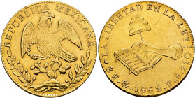 MONEDA EXTRANJERA. MÉXICO. 8 escudos. 1862. Guanajuato. YE. AU 27,01 g. 35,4 mm. KM-383.7. Pequeña grieta en canto y finas rayitas. EBC-/MBC+.