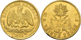 MONEDA EXTRANJERA. MÉXICO. 20 pesos. 1871. Guanajuato. S. AU 33,82 g. 34,4 mm. KM-414.4. Golpecitos en gráfila y finas rayas. MBC+.