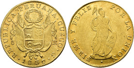 MONEDA EXTRANJERA. PERÚ. 8 escudos. 1830. Cuzco. G. AU 26,99 g. 36,5 mm. KM-148.2. Hoja en anv. R.B.O. MBC+.