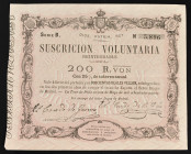 BILLETES ESPAÑOLES. CARLOS VII (pretendiente). Suscripción voluntaria. 200 reales de vellón. 30 de mayo de 1870. La Tour de Peitz. Serie B. ED-197. Ap...