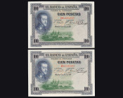BILLETES ESPAÑOLES. Lote de 2 billetes. 100 pts. 1º de julio de 1925. Felipe II. Serie D. Pareja correlativa. ED-350. Apresto original. SC.