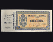 BILLETES ESPAÑOLES. 100 pts. Banco de España. Gijón. Septiembre 1937. Sin numeración y con matriz. ED-349a. Apresto original. SC.