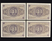BILLETES ESPAÑOLES. Lote de 4 billetes. 1 peseta. 12 de octubre 1937. II año triunfal. Serie F. 4 billetes correlativos. ED-425b. Apresto original. SC...