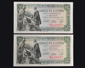 BILLETES ESPAÑOLES. Lote de 2 billetes. 5 pts. 15 de junio de 1945. Pareja correlativa, serie D. ED-449a. SC.